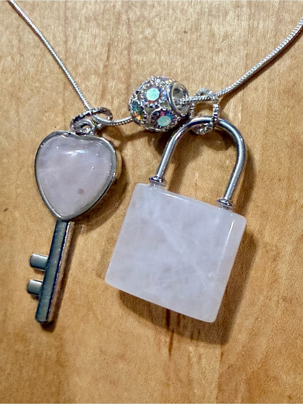 Pink Quartz Heart Key & Pink Quartz Padlock Charms - 925 Stamped Chain